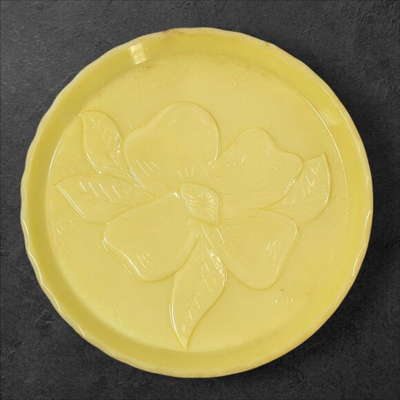 Set of 6 Vintage Yellow Plastic Coasters 3” Floral Embossed “Not an Ash Tray” - Picture 4 of 7